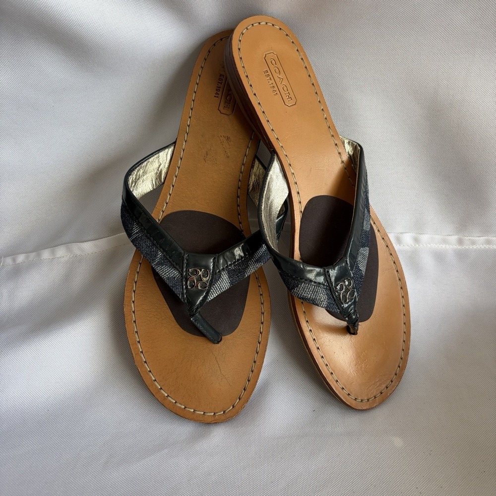 Coach Sydney Sandals Women Size 10 Blue White Signature Logo Flat Flip Flops